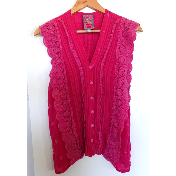 Johnny Was Blouse Womens Small Pink Lace Eyelet Pintuck V Neck Button Up Top - Picture 1 of 10